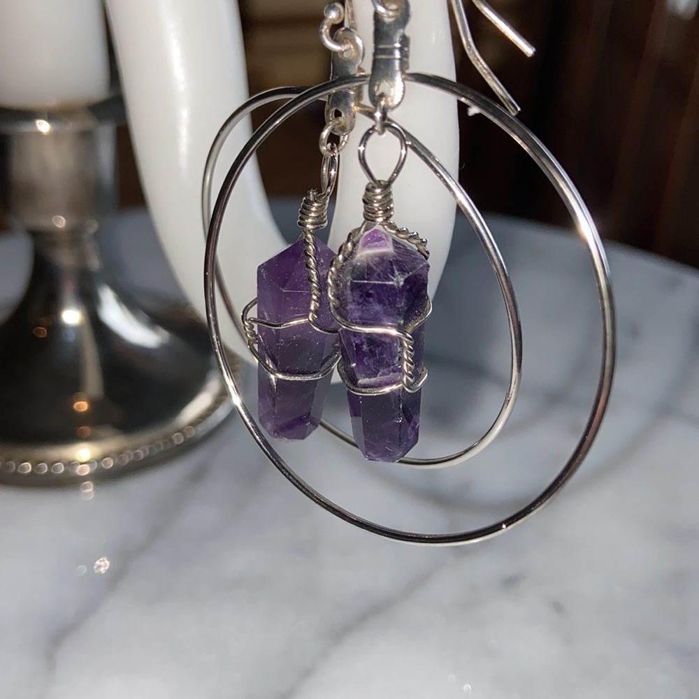 Purple Wire Wrapped Amethyst Crystal Large Oversized Silver Tone Hoops Earrings